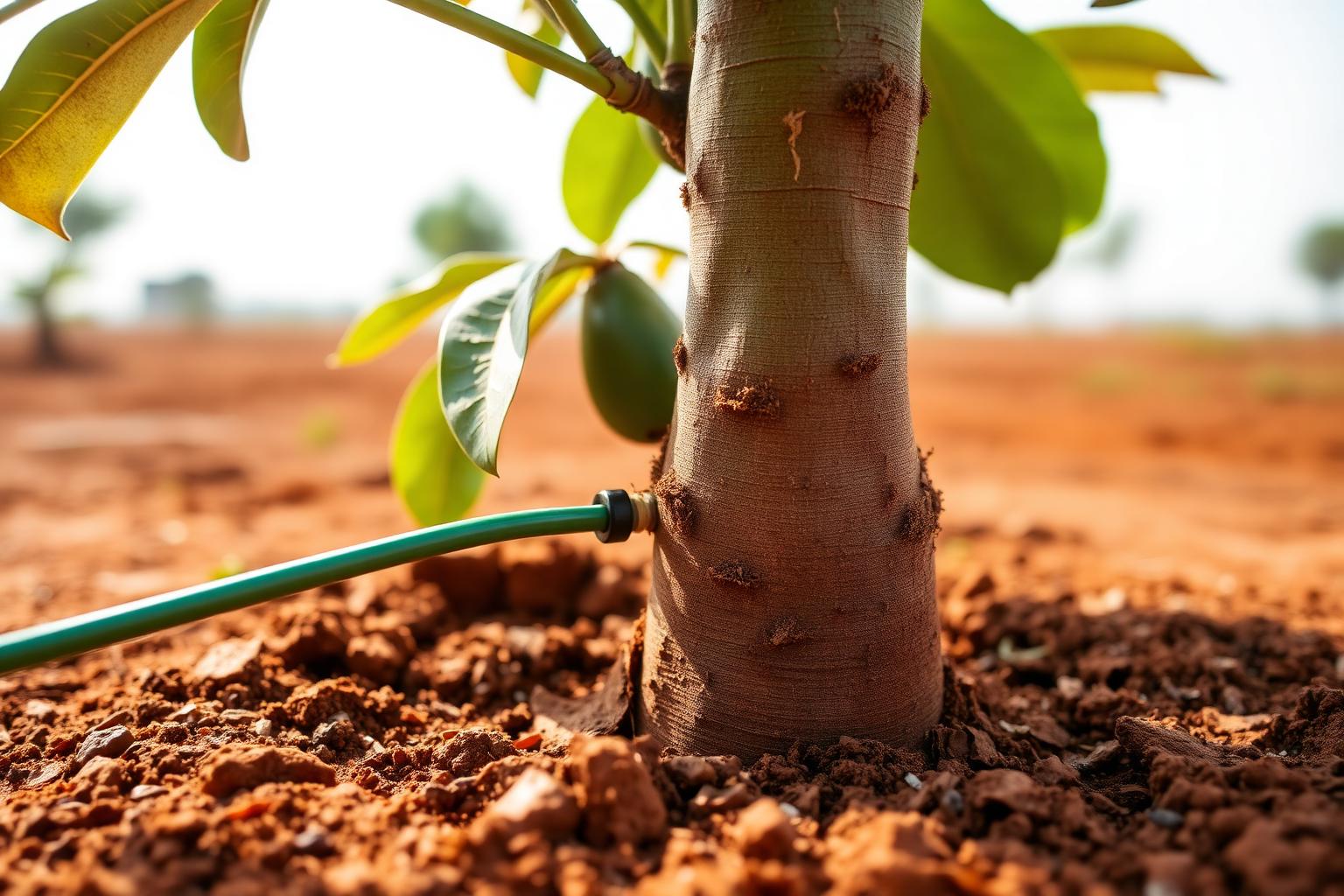 Drip irrigation watering a young Hass avocado tree in red Kenyan soil
